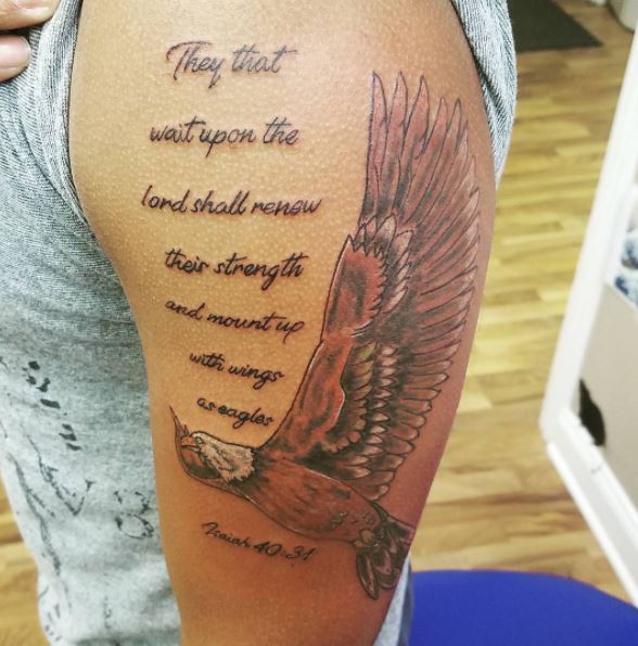 Soaring Eagle Tattoo Paired with a Bible Quote from Isaiah