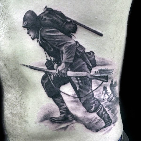 Soldier Trudging Along During War as a Rib Cage Tattoo Idea