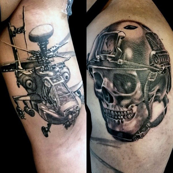 Tattoo of a Skull Wearing a Military Combat Helmet