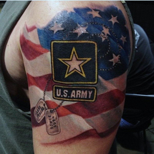 US Army Badge and Dog Tags Against Flowing US Flag Tattoo Design
