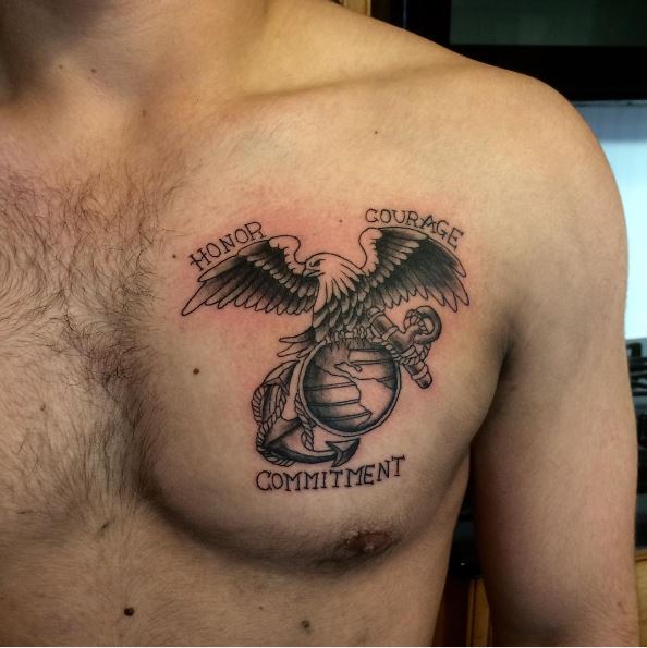 USMC Chest Tattoo Idea Representing Commitment, Courage, and Honor
