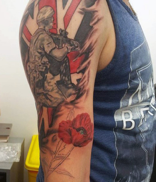 Upper Arm Military and Floral Tattoo Idea for Men