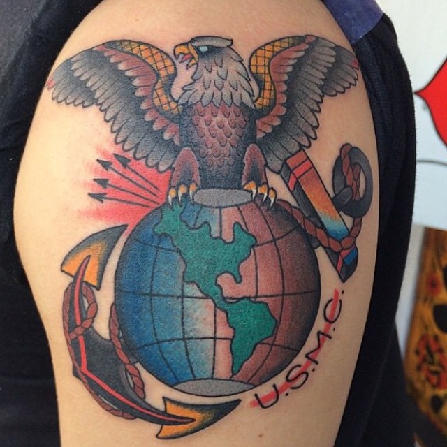 Upper Arm Muted Tone Earth Anchor Eagle USMC Tattoo