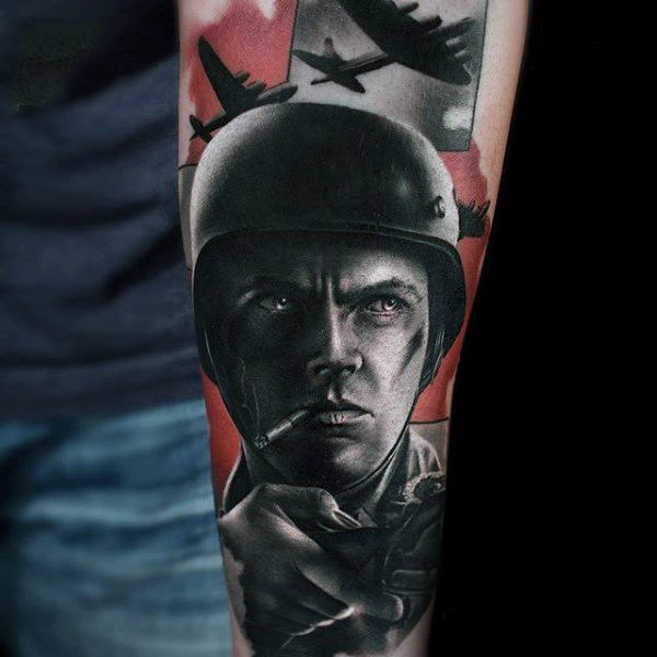 Very Realistic Army Soldier Tattoo Idea Paired With an American Flag