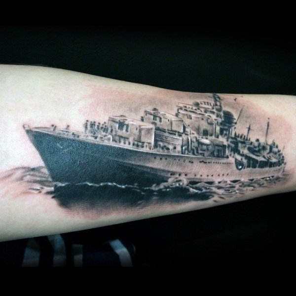 Vintage Navy Ship Forearm Tattoo Idea