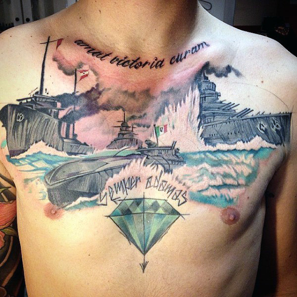 Watercolor Navy-Inspired Submarine Chest Tattoo for Men