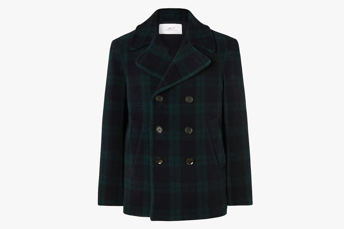 Mr. P Double Breasted Checked Wool-Blend Peacoat