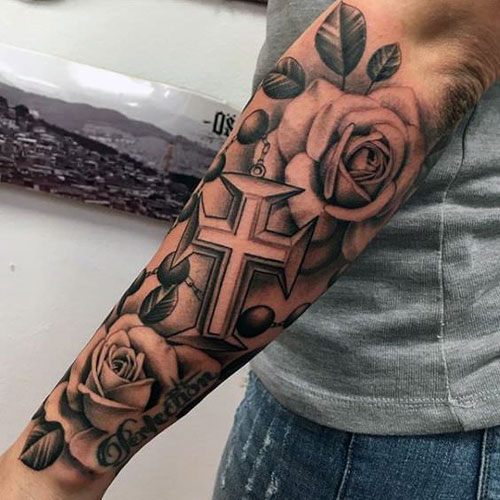 Boxy Cross Tattoo in a Sea of Roses