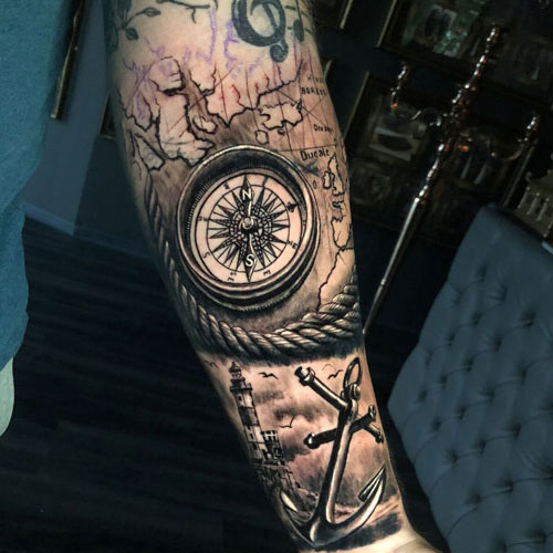 Compass and World Map Lighthouse Tattoo with Anchors