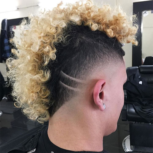 Curly Frizzy Mohawk with Contrasting Black and Blond Hair