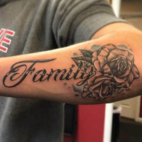 Family First Rose Forearm Tattoo Design