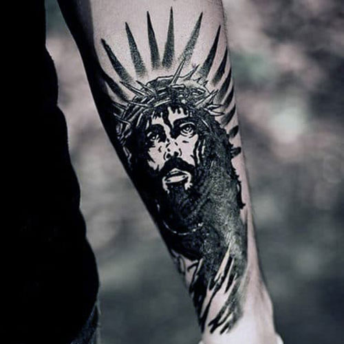 Forearm Tattoo of Jesus with Sunlight Halo