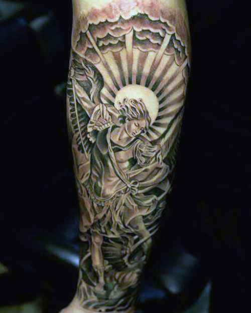 Forearm Tattoo of a Guardian Angel Looking Downward