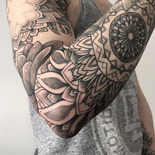Full Forearm Flower and Shapes Tattoo Design