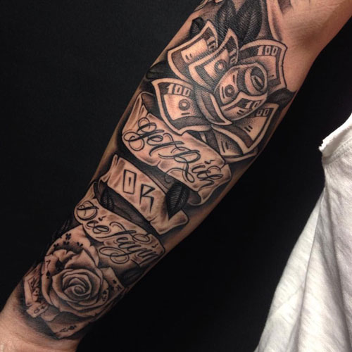 Get Rich or Die Trying Cursive Rose Forearm Piece