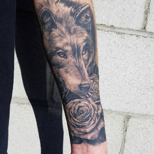 Intentionally Faded Wolf and Rose Forearm Piece