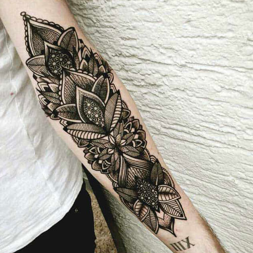 Intricate Flower and Shadowing Line Drawing Tattoo