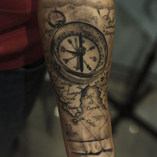 Map Tattoo with Compass Overlapping for Men