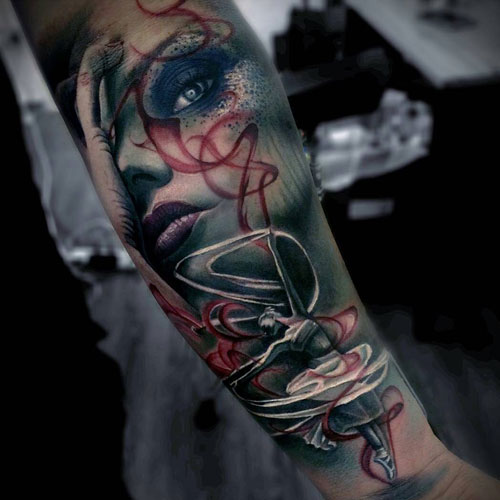 Multidimensional Tattoo Incorporating Red Ink and Feminine Features