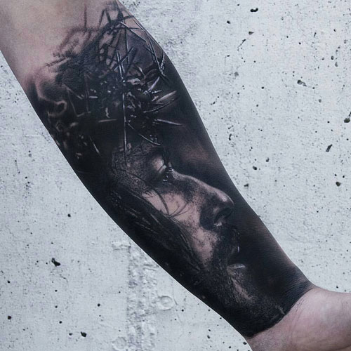 Negative Space Religious Jesus Tattoo for Men's Forearms
