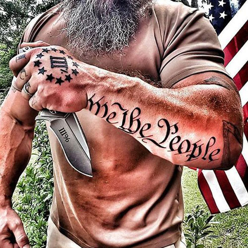 Patriotic American Outer Forearm Text Tattoo Design