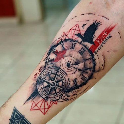Red and Black Ink Compass Tattoo with a Clock Forearm Piece