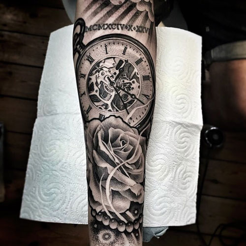 Rose Tattoo with Clock in the Background