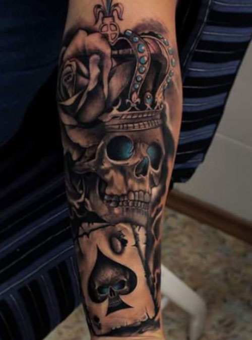 Skeleton Crown Tattoo Idea with Ace Cards