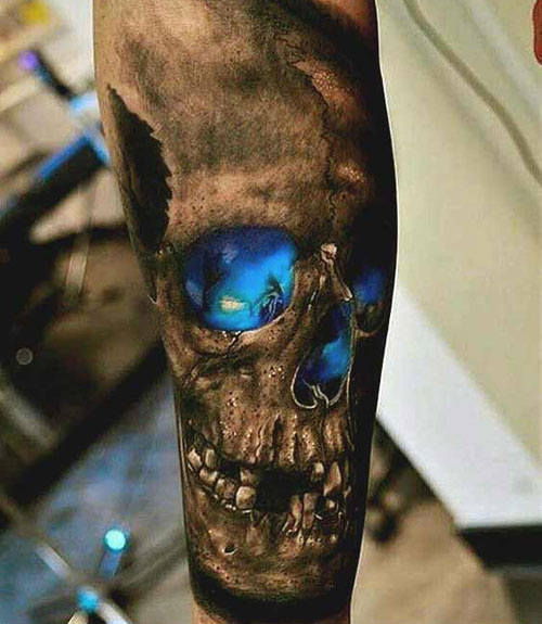 Skull Forearm Tattoo with Inner Light from Behind the Eyes