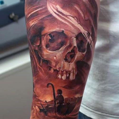 Umbrella Boat and Skeleton Head Tattoo Idea
