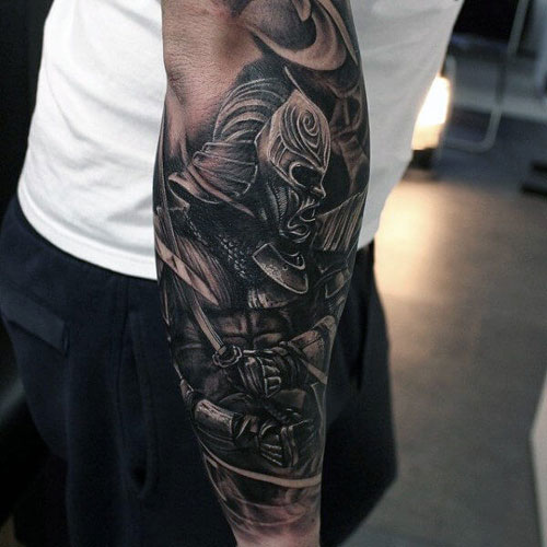 Warrior Full Forearm Tattoo Based on Samurai Culture