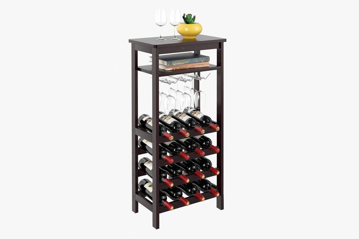 Homfa Bamboo Wine Rack Free Standing Wine Holder Display Shelves with Glass Holder Rack