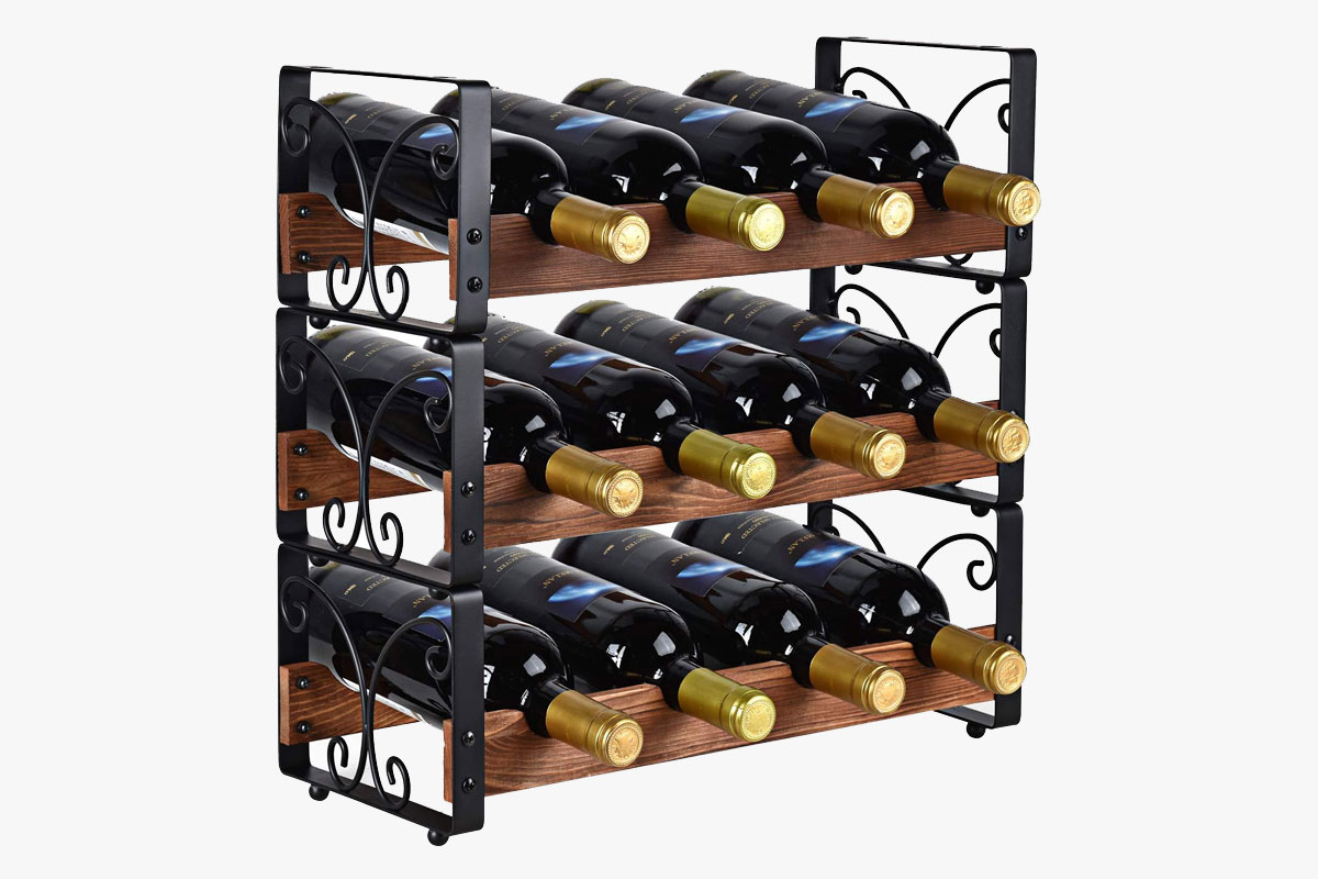 X-cosrack Rustic 3 Tier Stackable Wine Rack Freestanding 12 Bottles Organizer Holder Stand Countertop Liquor Storage Shelf Solid Wood & Iron 16.5" L x 7.0" W x 16.5" H-Patent Pending
