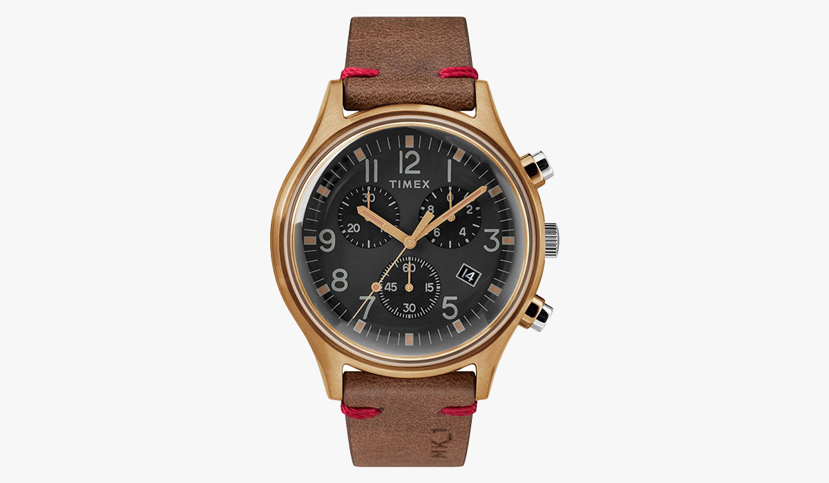 timex men’s quartz bronze watch with leather strap