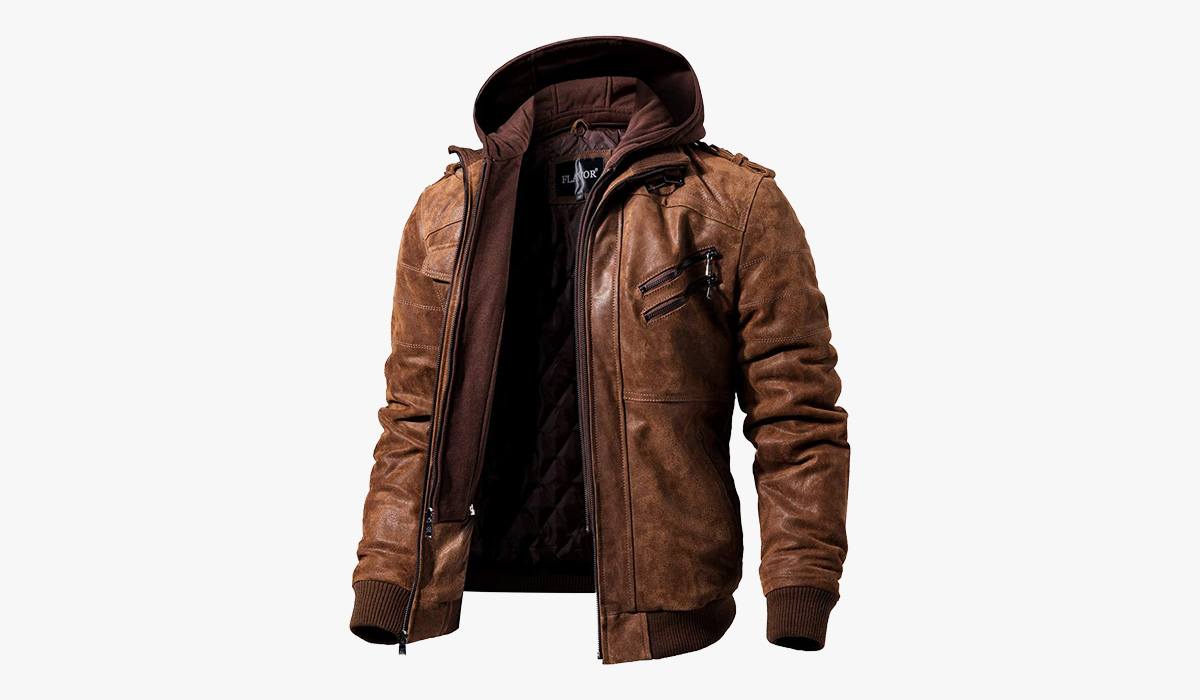 flavor men leather motorcycle jacket with removable hood